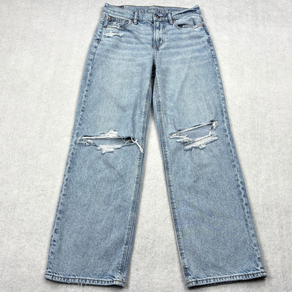 American Eagle Strigid Jeans Womens 2 Light Wash Distressed Wide Leg High Rise